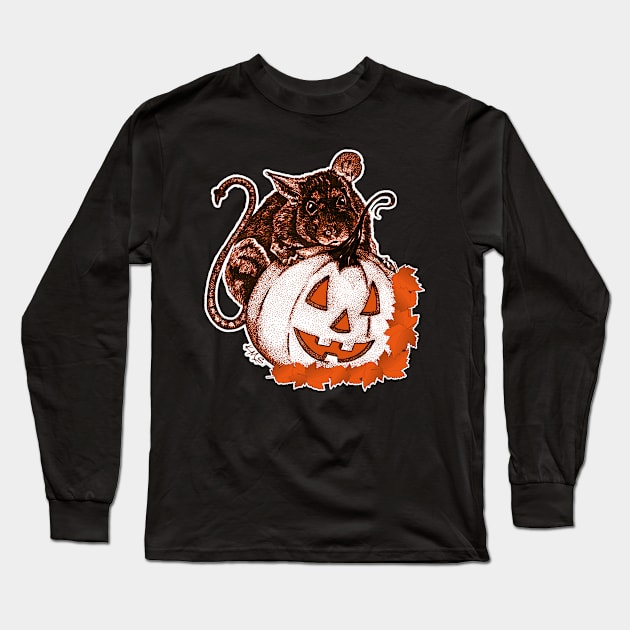 Cute Halloween Rat and Pumpkin Graphic With Fall Leaves Long Sleeve T-Shirt by DesignFunk